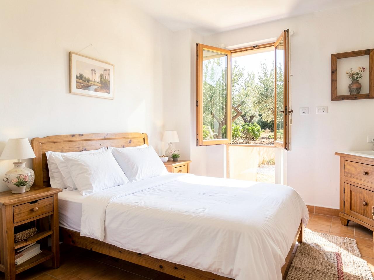Chambre de location saisonnière impeccable ouverte sur les oliviers